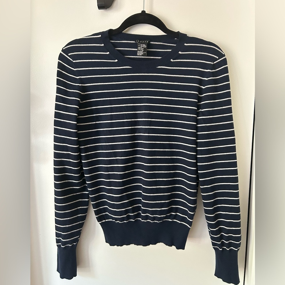 Theory- navy and White Crewneck Sweater with Stripes
